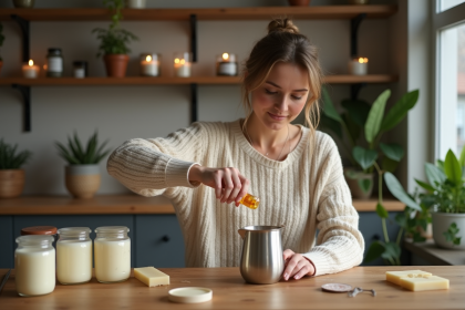 Femme versant parfum dans la cire fondue pour bougie