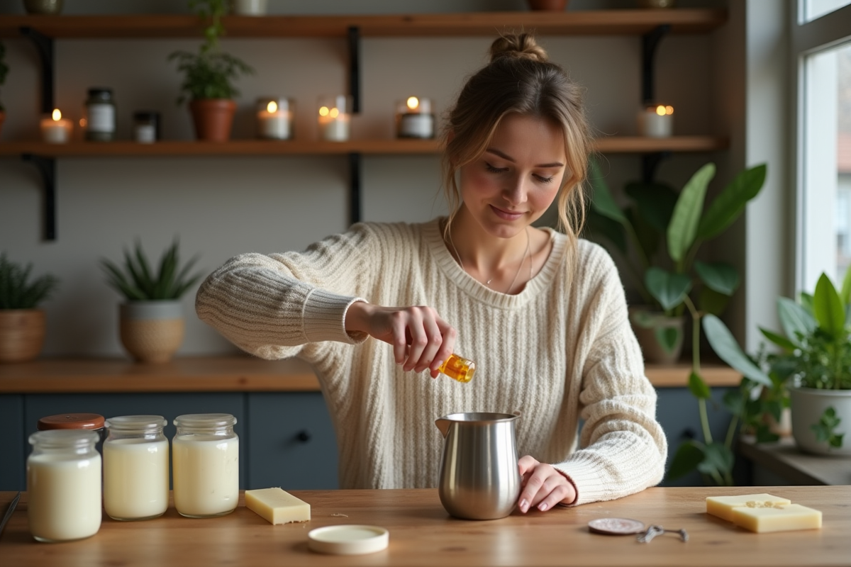 Femme versant parfum dans la cire fondue pour bougie