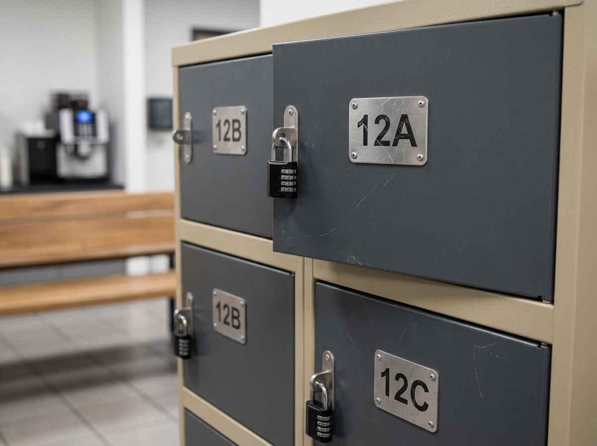 Casiers métalliques reconditionnés en acier avec serrures à combinaison dans une salle de pause moderne