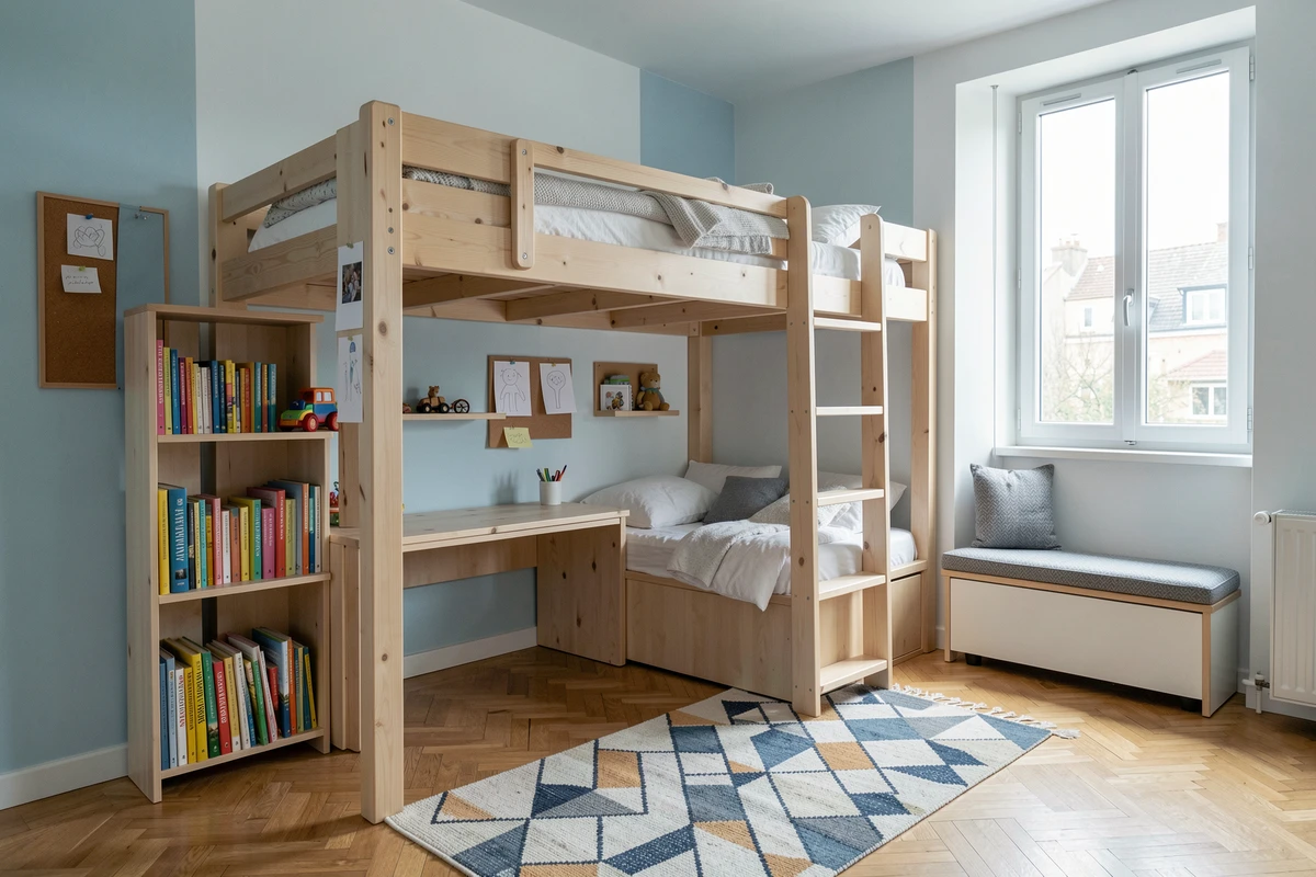 Chambre d'enfant aménagée avec un lit mezzanine en bouleau et un bureau intégré dans une maison familiale à Strasbourg