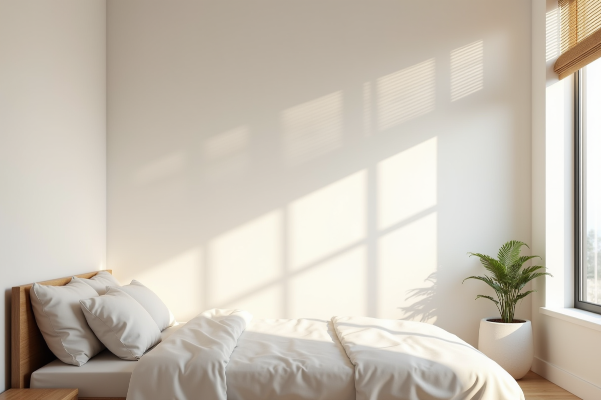 Chambre minimaliste avec volets en bois et lumière du matin