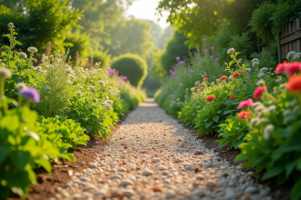 Chemin de jardin fleuri et verdoyant sous soleil matinal