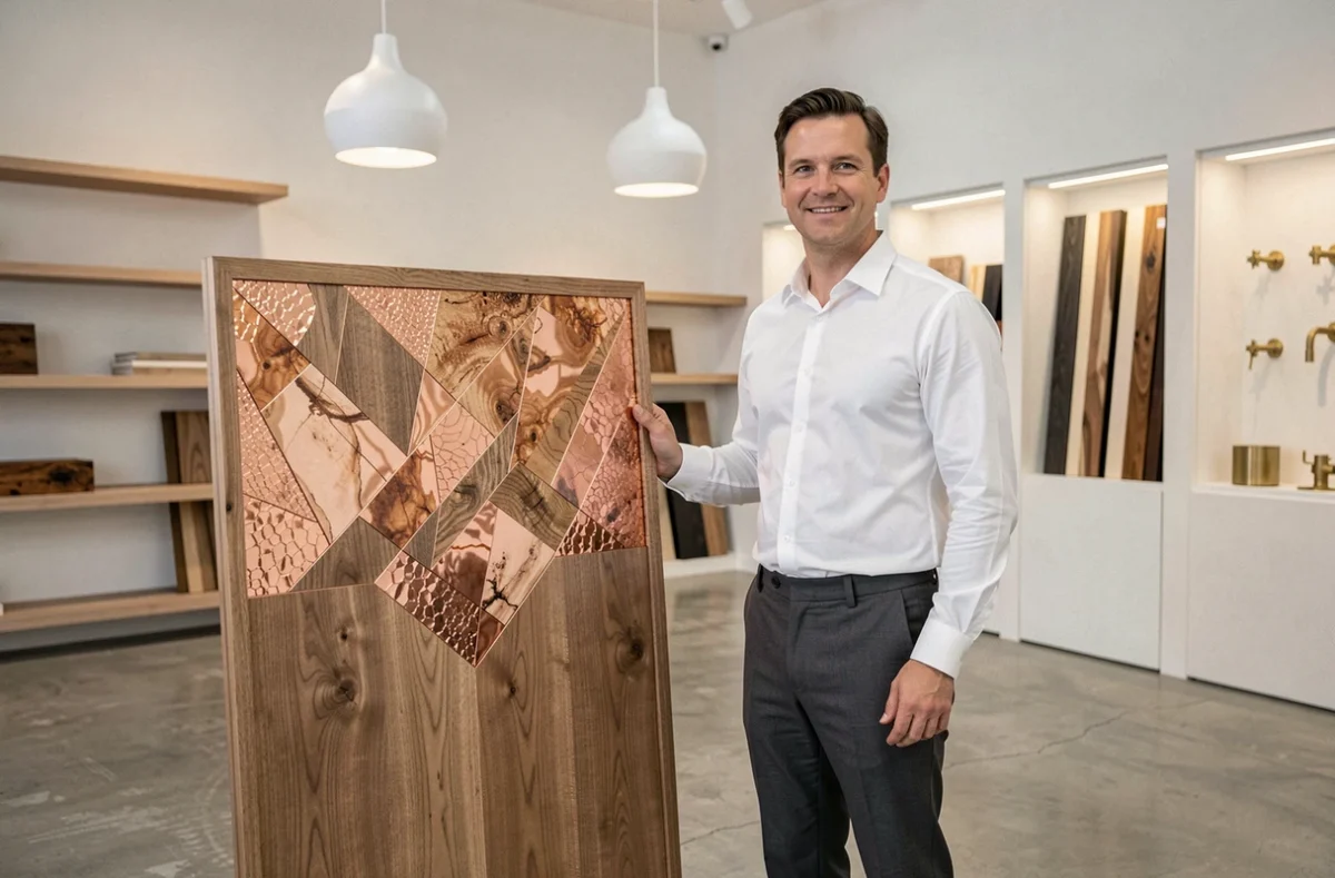 Artisan de Chêne et Cuivre présentant un panneau de meuble haut de gamme en chêne et cuivre dans un showroom élégant