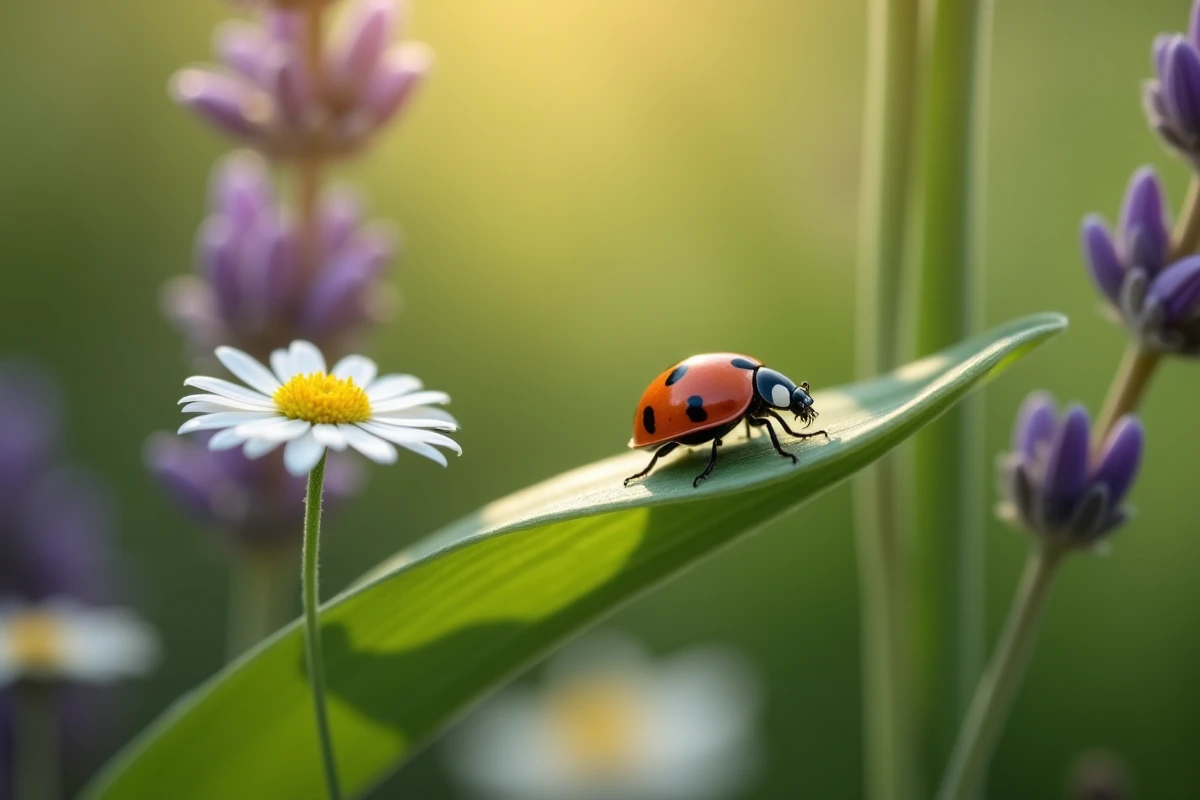 Gros plan d'une coccinelle sur une feuille verte entourée de fleurs dans un jardin, symbole de karma positif et de nature bienveillante