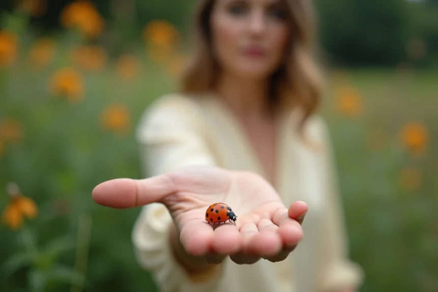 Coccinelle rouge posée sur la paume d'une femme dans un jardin verdoyant, symbolisant la chance et les bonnes énergies