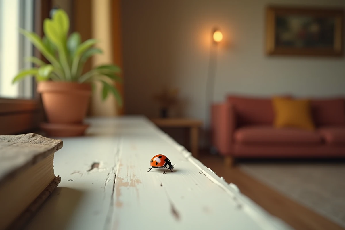 Coccinelle posée sur un rebord de fenêtre à l'intérieur d'une maison, évoquant la chance et les énergies positives du foyer