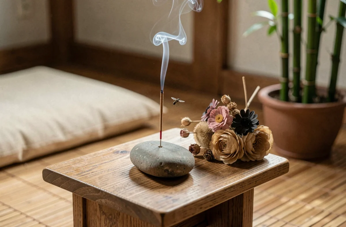 Coin feng shui avec autel zen, encens et mouche en vol dans un espace de méditation harmonieux