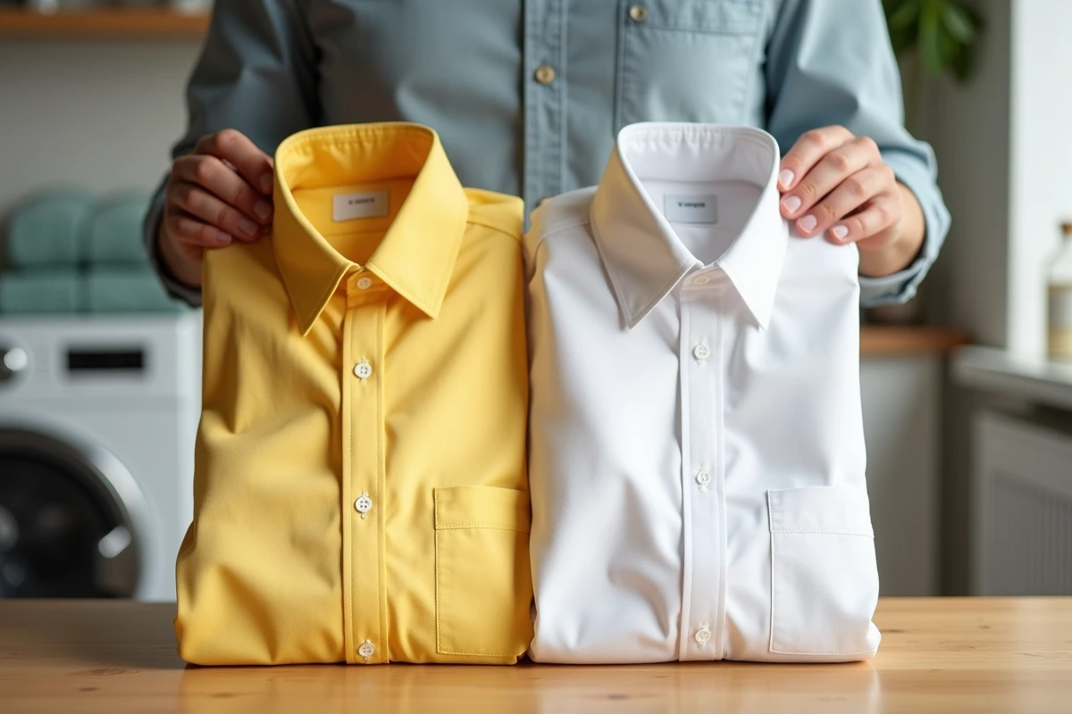 Comparaison d'une chemise blanche jaunie et d'une chemise blanche après traitement pour raviver le blanc du linge