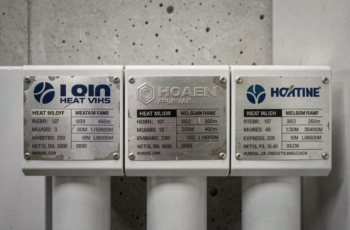 Comparaison de plaques de marques de pompes à chaleur dans un showroom professionnel