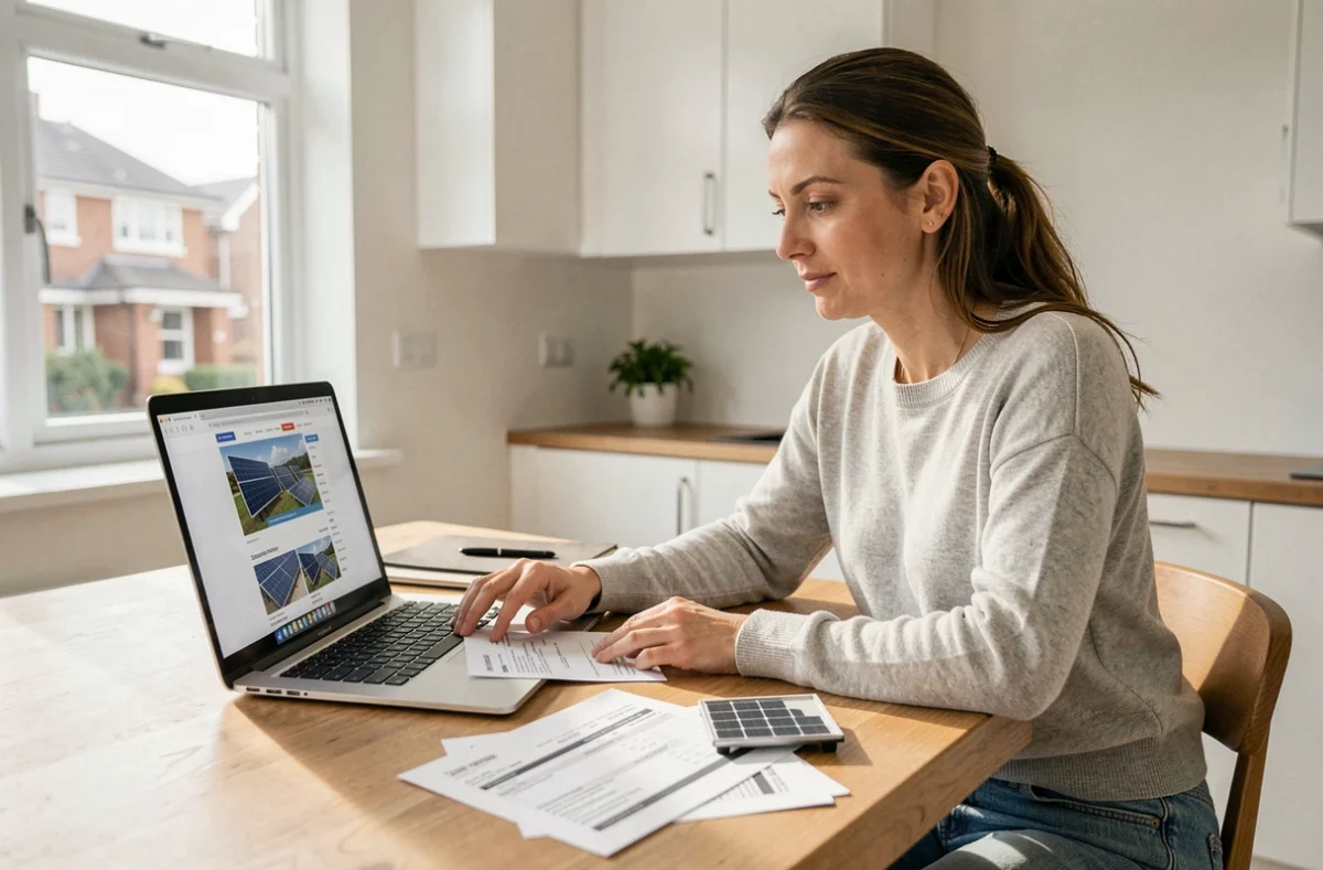 Femme comparant les prix de panneaux solaires en ligne depuis son domicile avec des devis imprimés