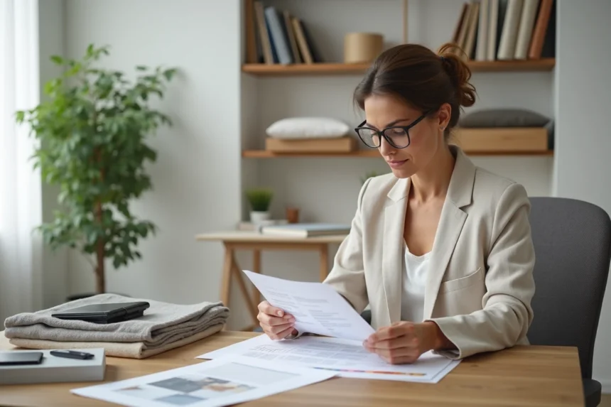 Femme décoratrice d'intérieur comparant des devis et tarifs sur un bureau en bois dans un home office aménagé