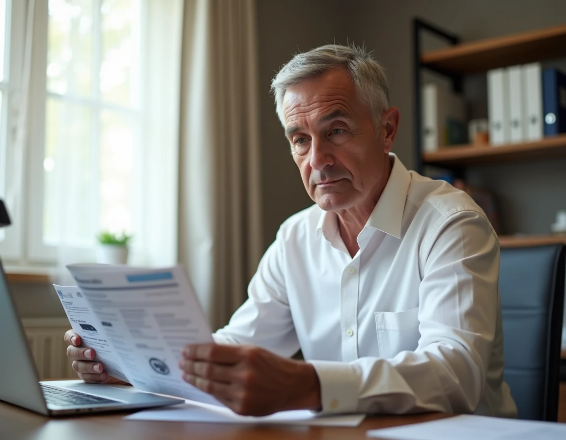 Homme comparant des brochures de systèmes d'alarme avec et sans abonnement sur un bureau à domicile