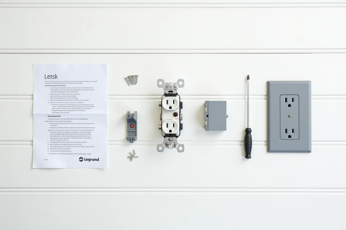 Vue à plat des composants d'une prise double Legrand Dooxie démontée, avec visserie, cadre et notice d'installation sur une surface en bois blanc