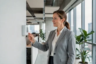 Ingénieure examinant un capteur de qualité d'air intérieur dans un bureau moderne conforme aux normes RIBO T