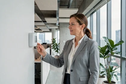 Ingénieure examinant un capteur de qualité d'air intérieur dans un bureau moderne conforme aux normes RIBO T