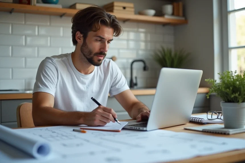 Homme consultant le blog Fizeo sur un ordinateur portable entouré de plans de rénovation et d'échantillons de matériaux