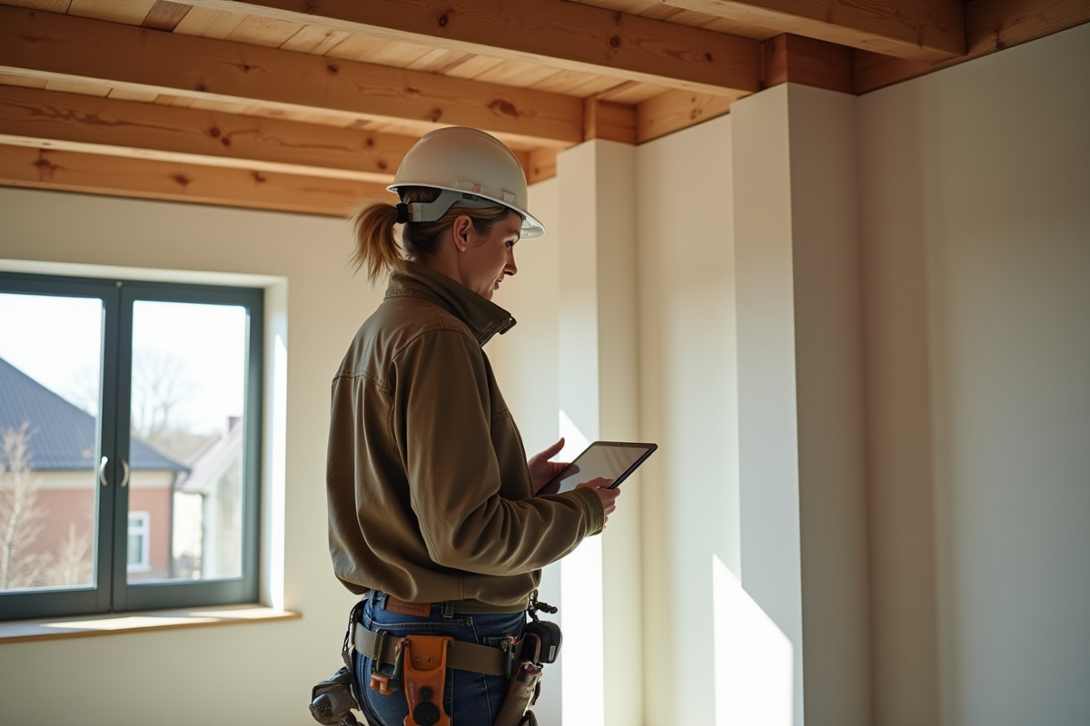 Contractrice examinant extension en bois dans pièce lumineuse