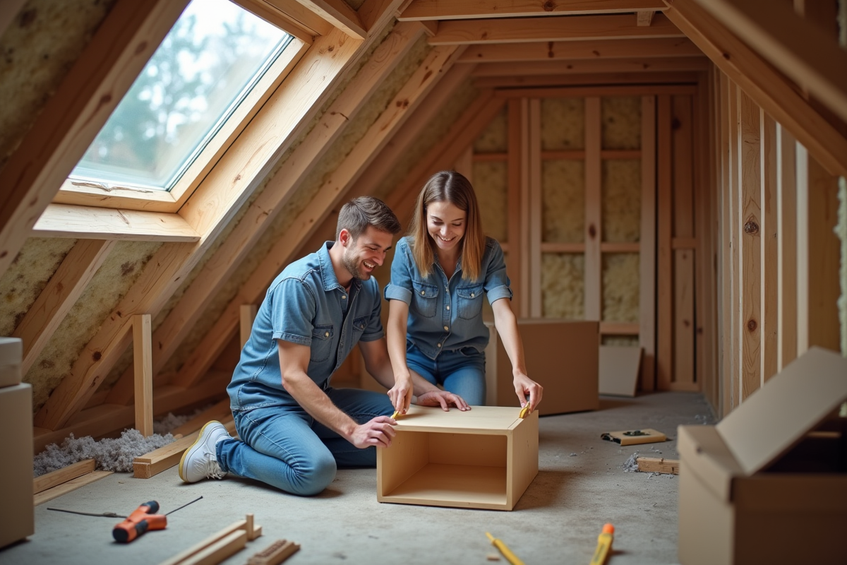 Jeune couple installant des étagères dans un grenier en construction