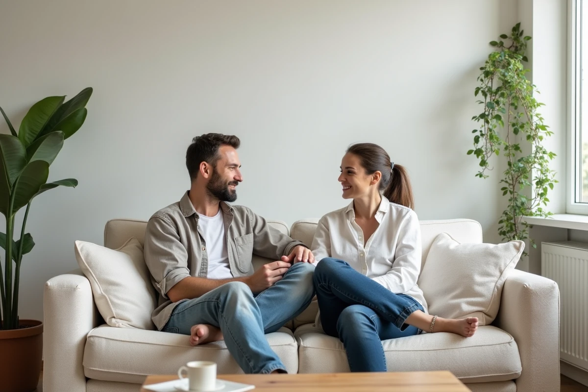 Couple assis sur un canapé deux places en bouclé crème, évaluation confort et qualité Poltron et Sofa Aubagne