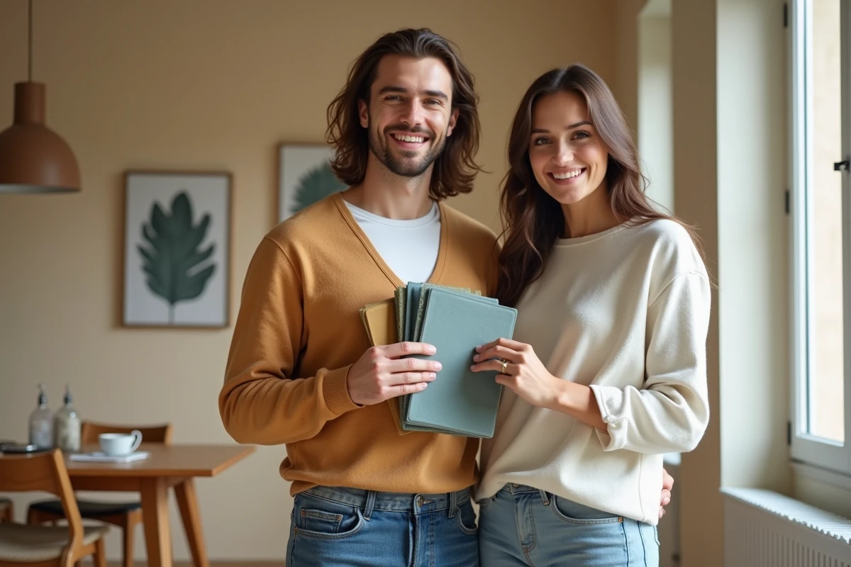 Jeune couple choisissant des tissus dans un appartement stylé