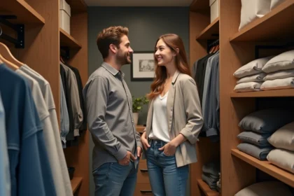 Couple dans un dressing moderne et organisé
