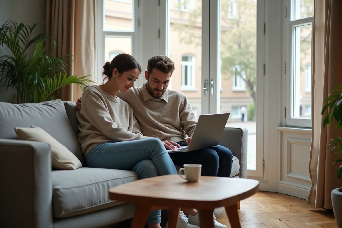 Couple comparant des offres immobilières sur l'application lamaison360 depuis leur salon