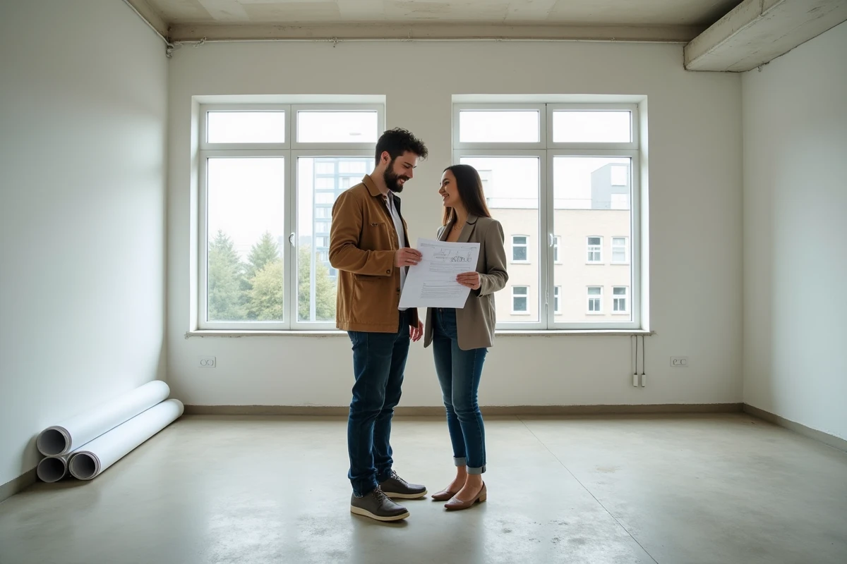 Couple consultant un devis de décoration dans un appartement vide avant rénovation