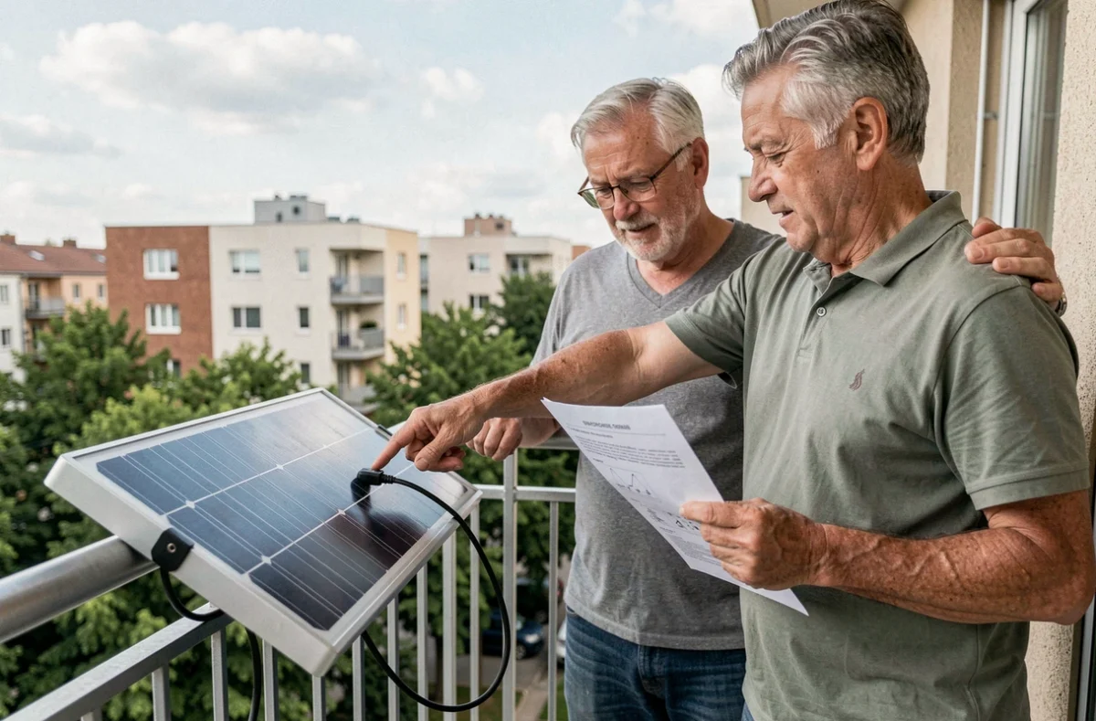 Couple installant un panneau solaire plug and play sur le balcon de leur appartement en ville