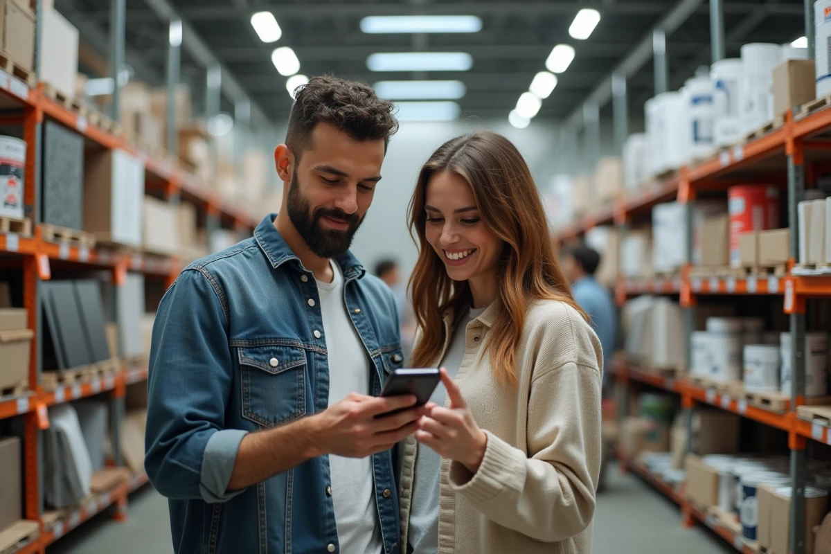 Couple en magasin de bricolage consultant le blog Fizeo sur smartphone pour économiser sur leurs achats de matériaux