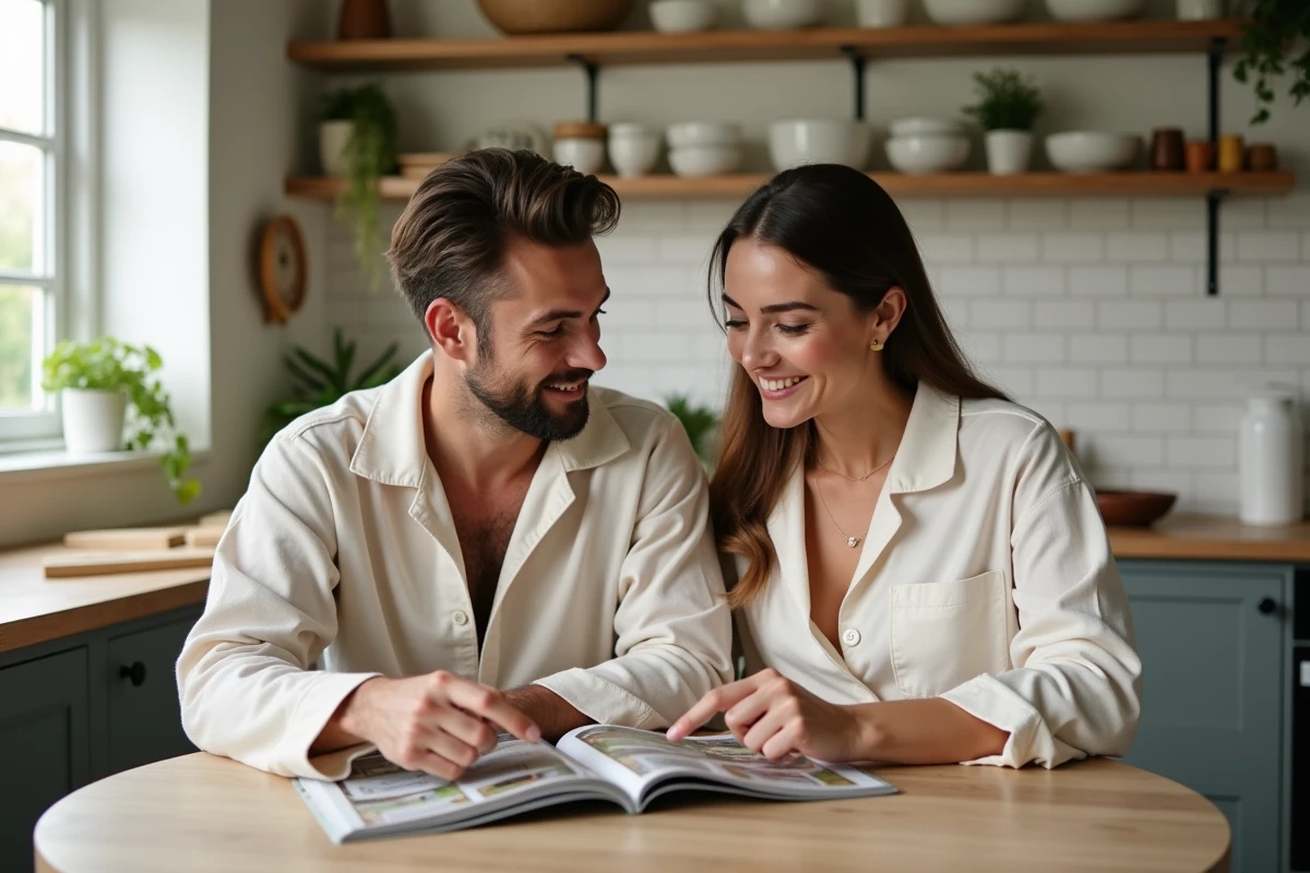 Couple consultant un magazine de décoration maison ensemble dans une cuisine campagne chaleureuse aux tons naturels