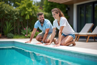 Couple souriant inspectant la surface de la piscine