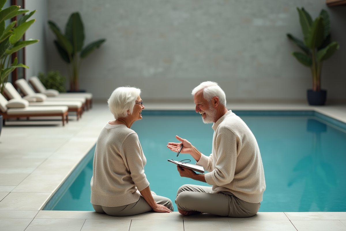 Couple âgé relaxant au bord de la piscine intérieure