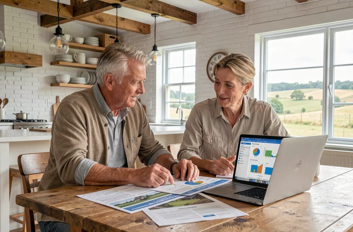Couple planifiant leur autonomie énergétique solaire avec des documents et un calculateur en ligne sur ordinateur portable