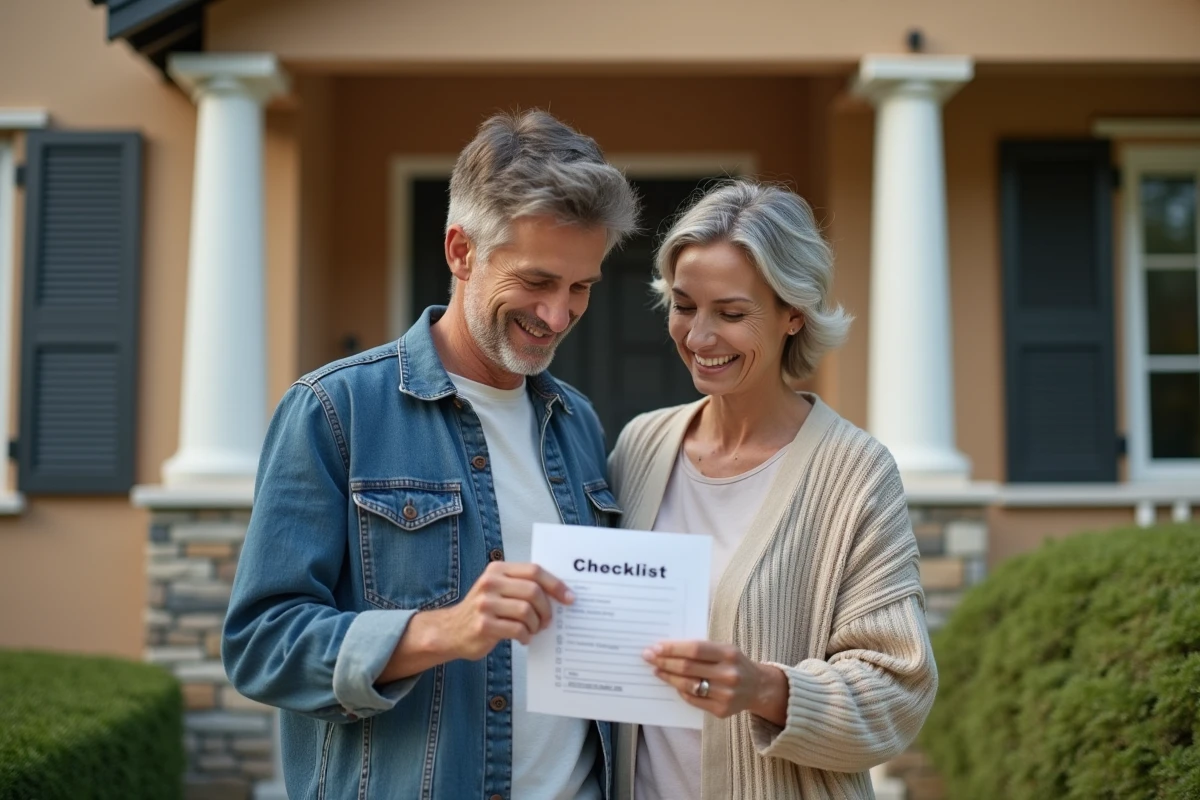 Couple vérifiant une liste de contrôle devant la façade de leur maison en cours de rénovation extérieure