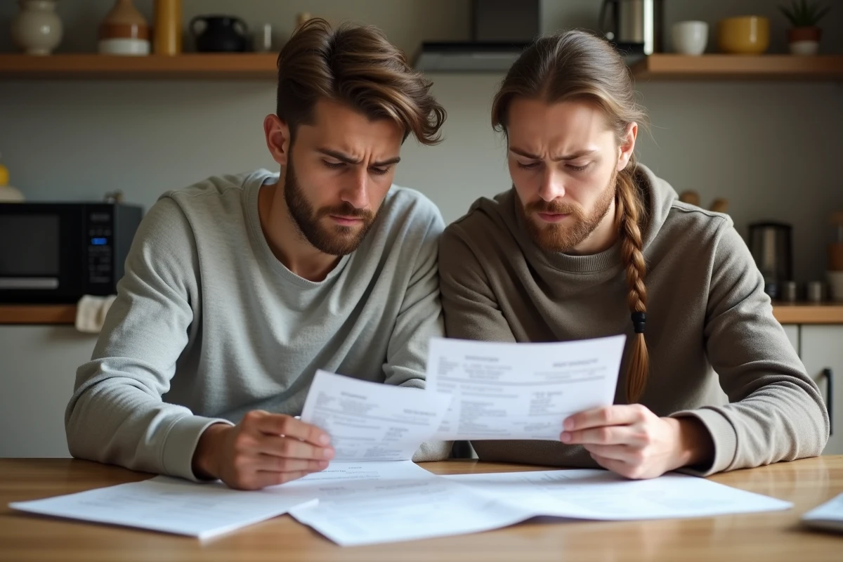Jeune couple stressé vérifiant des reçus à la maison