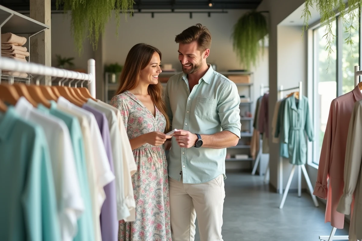 Couple comparant des vêtements de printemps dans une boutique de mode minimaliste aux tons pastels épurés