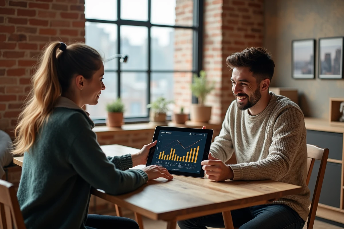 Jeune couple discutant avec tablette dans loft rénové écologique