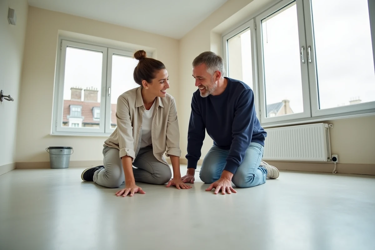 Couple testant l'isolation acoustique d'un plancher après ragréage dans un appartement rénové