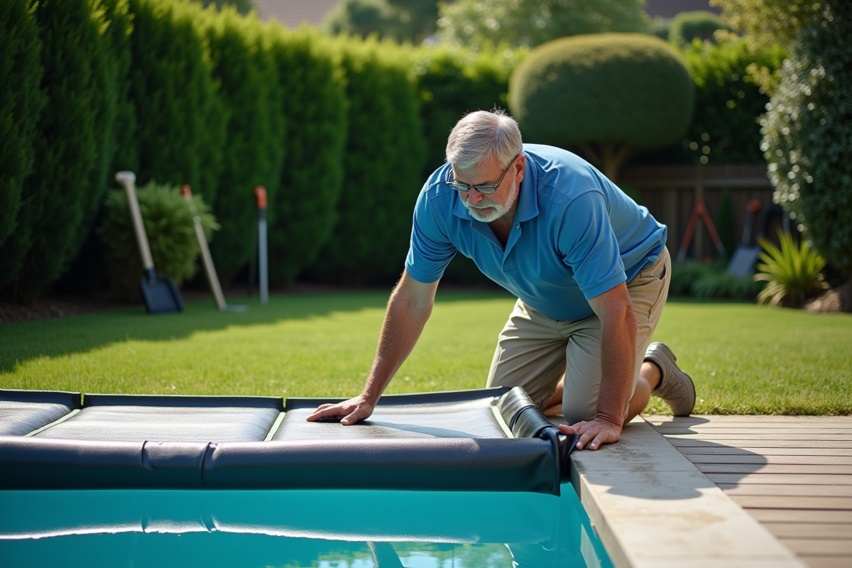 Homme posant une couverture solaire sur la piscine