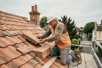 Couvreur professionnel posant des tuiles en terre cuite sur une toiture en pente de maison individuelle