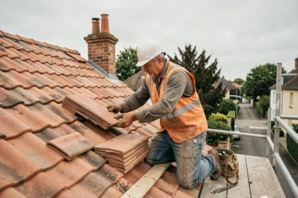 Couvreur professionnel posant des tuiles en terre cuite sur une toiture en pente de maison individuelle