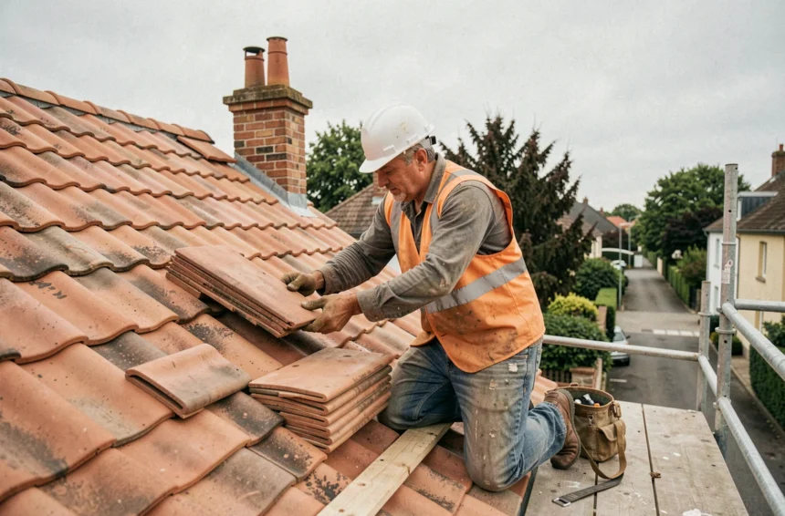 Couvreur professionnel posant des tuiles en terre cuite sur une toiture en pente de maison individuelle