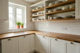 Cuisine blanche et bois avec étagères en chêne ouvertes et plan de travail en bois massif, style moderne et naturel