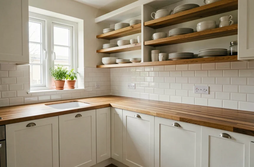 Cuisine blanche et bois avec étagères en chêne ouvertes et plan de travail en bois massif, style moderne et naturel