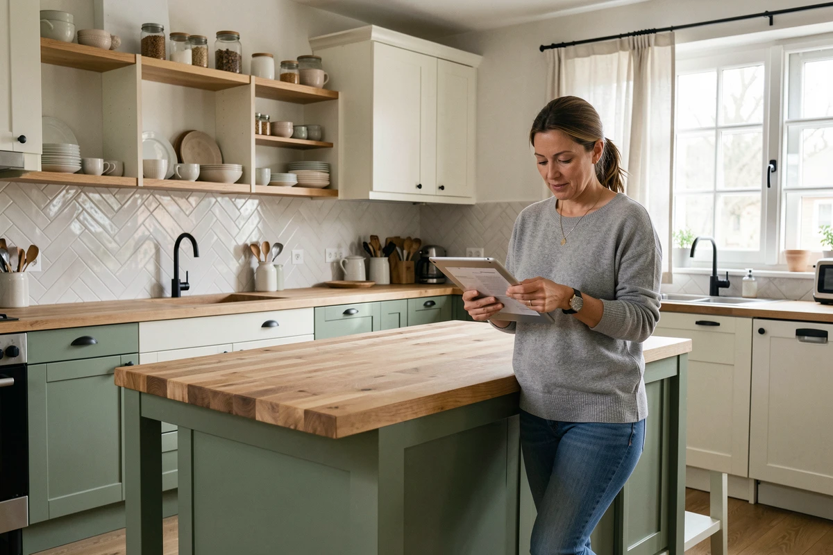 Cuisine familiale fonctionnelle aménagée avec des armoires en bois style shaker et un îlot central dans une maison à Strasbourg