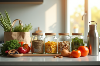 Cuisine moderne avec contenants et sacs réutilisables