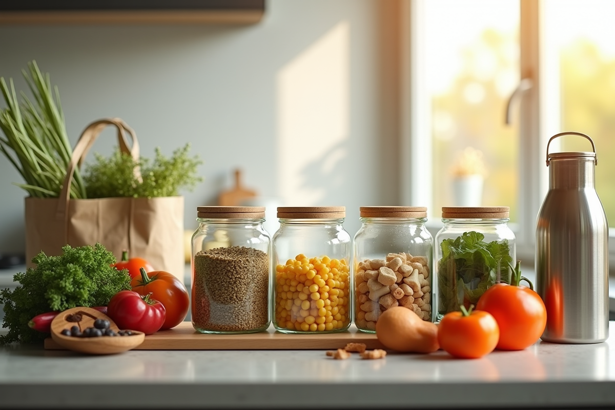Cuisine moderne avec contenants et sacs réutilisables