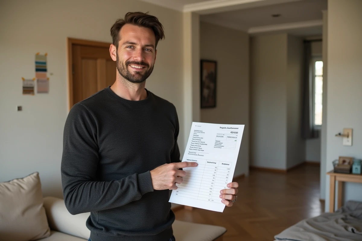 Décorateur d'intérieur présentant un tarif détaillé à son client dans un espace en cours de rénovation