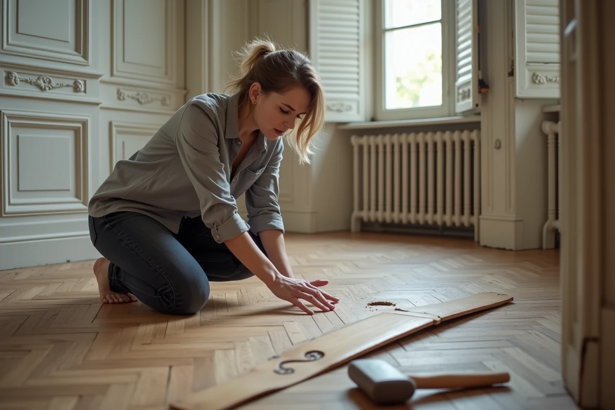 Femme découvrant des dégâts de mites du bois sous un parquet en chêne dans un appartement haussmannien