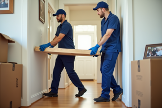 Deux déménageurs en uniforme déplaçant un lit en bois dans un couloir